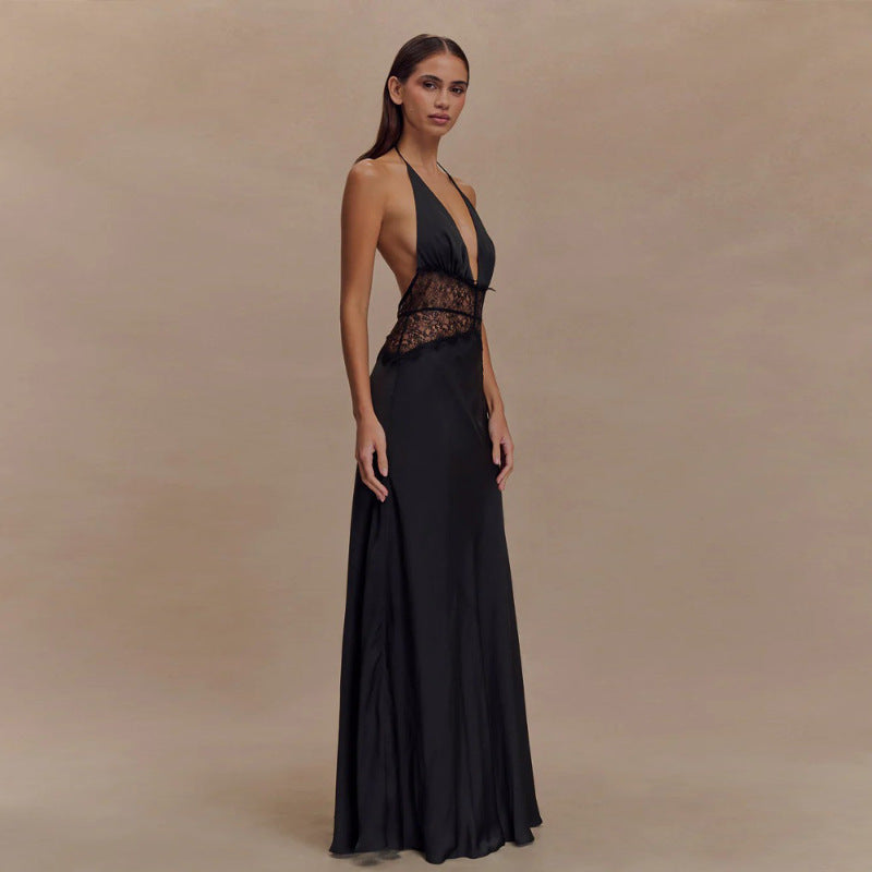 Halter Deep V Neck Backless Lace Bodycon Maxi Dress