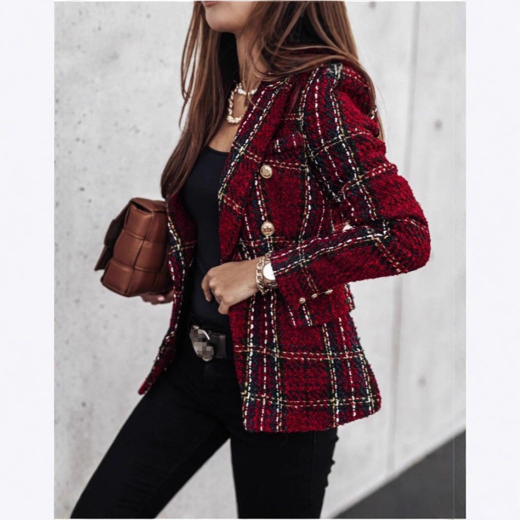 Women's Tweed Plaid Blazer Long Sleeve Jacket