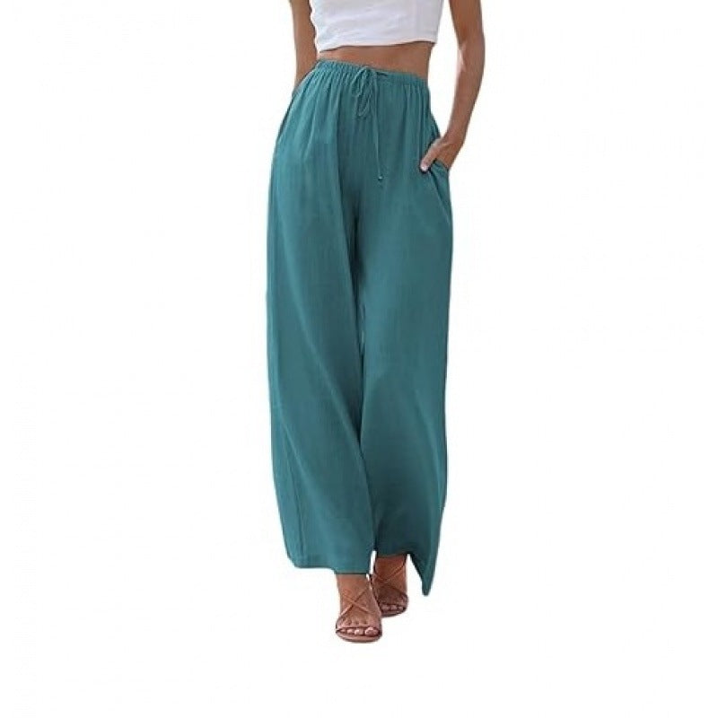 Women's Linen Wide Leg Pants Drawstring Elastic Waist