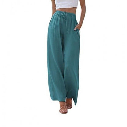 Women's Linen Wide Leg Pants Drawstring Elastic Waist