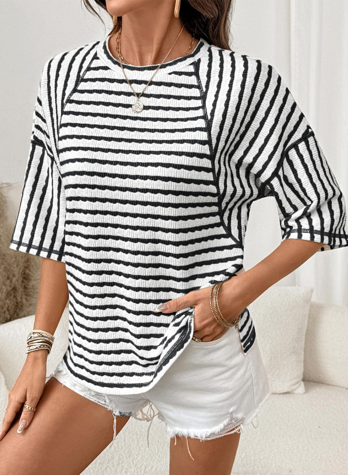 Striped Cotton Blend Tee Casual Half Sleeve Top