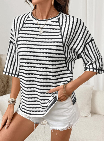 Striped Cotton Blend Tee Casual Half Sleeve Top
