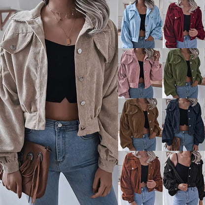Womens Corduroy Cropped Jacket Balloon Sleeve Oversized
