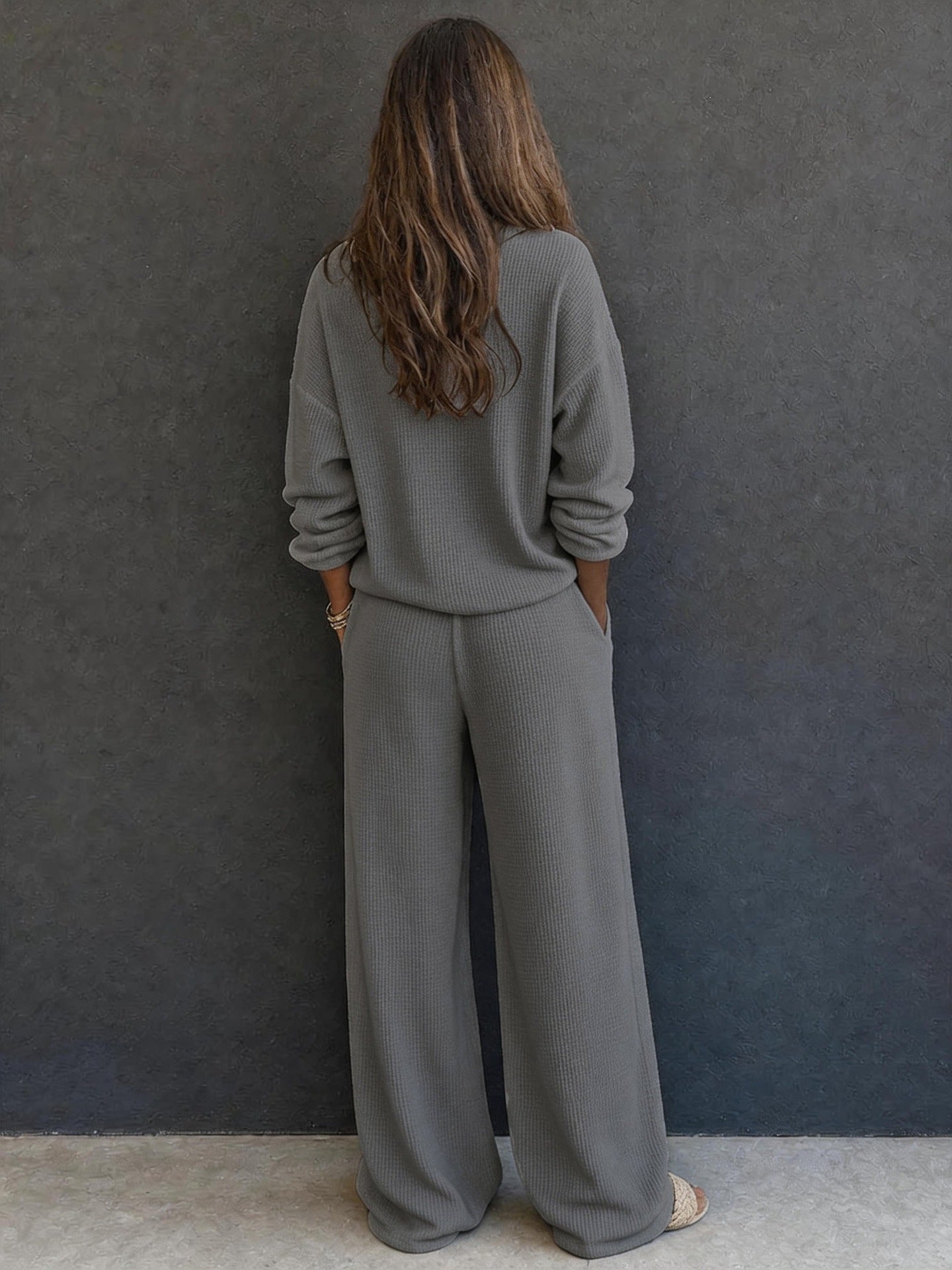 Waffle Knit Two Piece Lounge Set Wide Leg Pants