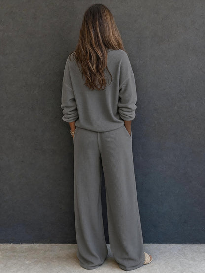 Waffle Knit Two Piece Lounge Set Wide Leg Pants