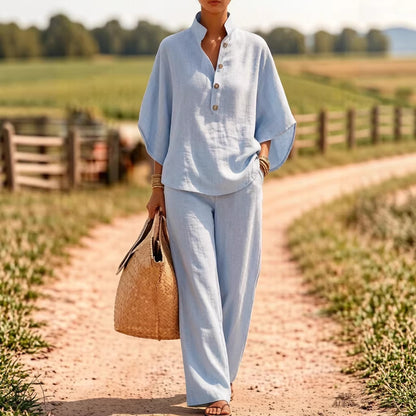 Women Linen Matching Set Button Shirt Wide Leg Pants