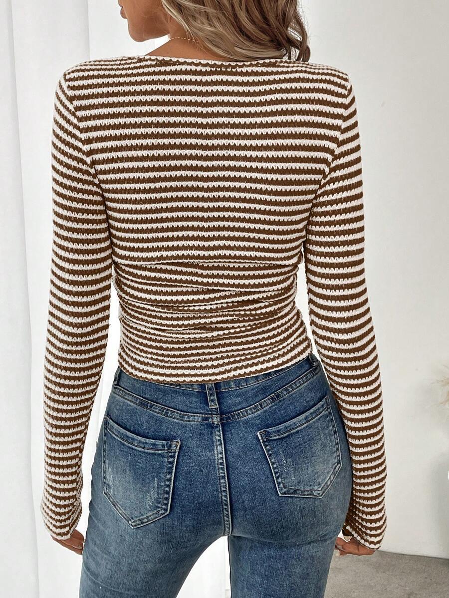 Square Neck Striped Ribbed Knit Long Sleeve Fitted Top