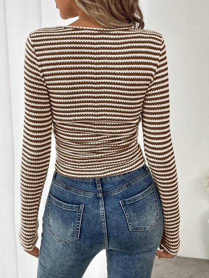 Square Neck Striped Ribbed Knit Long Sleeve Fitted Top