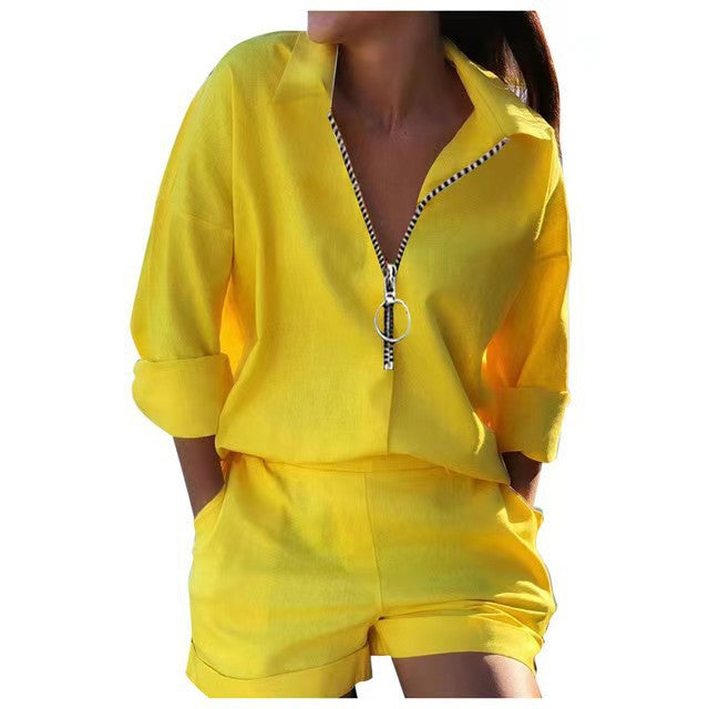 Women's Boho Printed Zip Up Top and Shorts Set