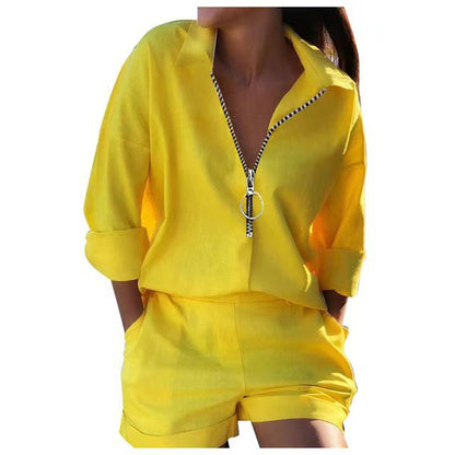 Women's Boho Printed Zip Up Top and Shorts Set