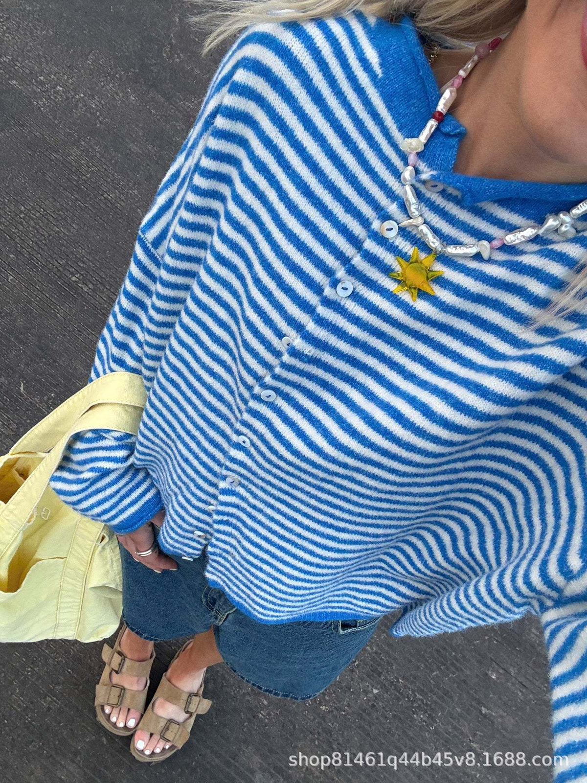 Women's Striped Cardigan Button Front Loose Knit Sweater
