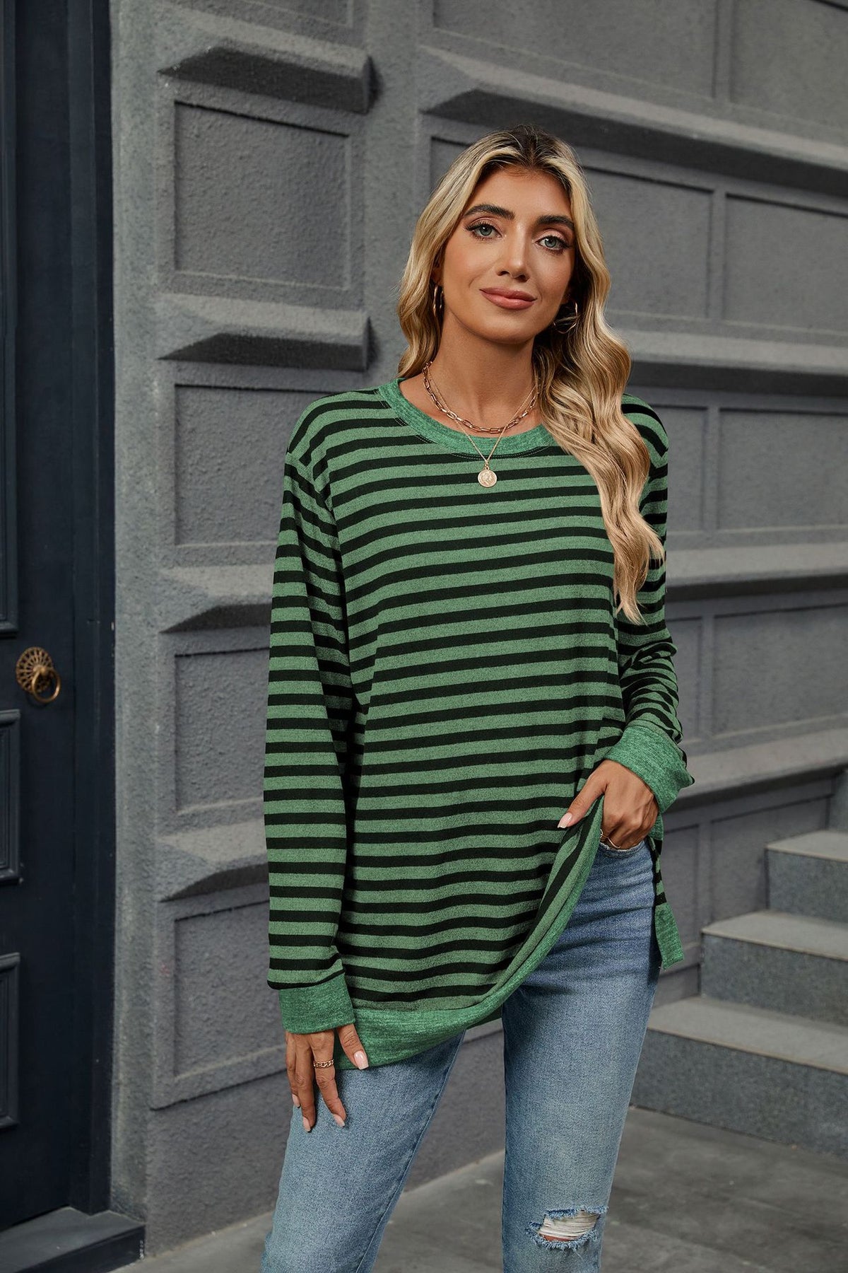 Women's Striped Color Block Oversized Long Sleeve Tunic Top