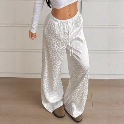 Women's Satin Leopard Drawstring Wide Leg Pants
