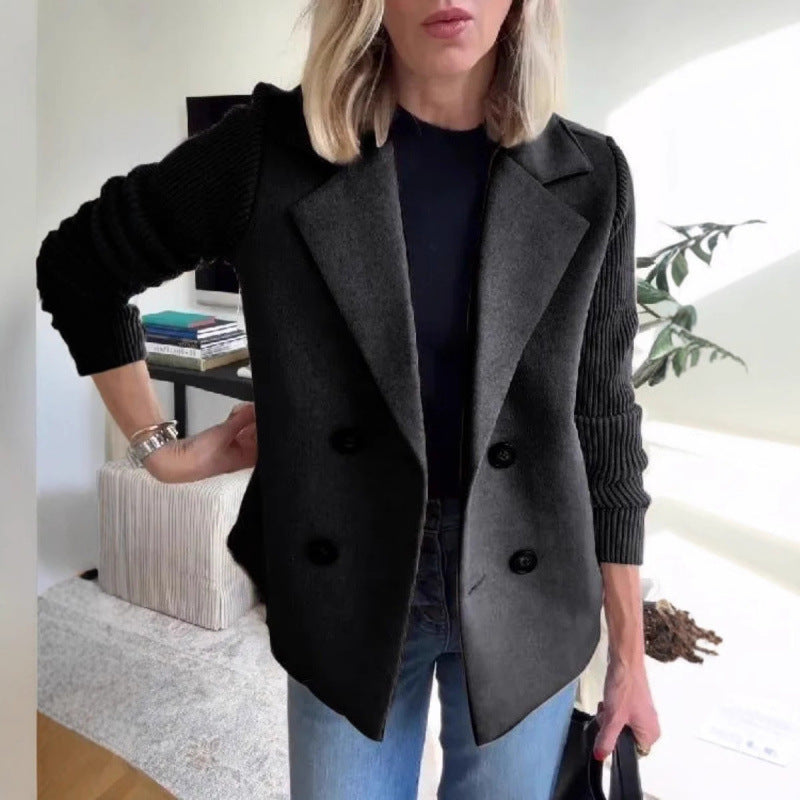 Knit Sleeve Double Breasted Blazer Jacket