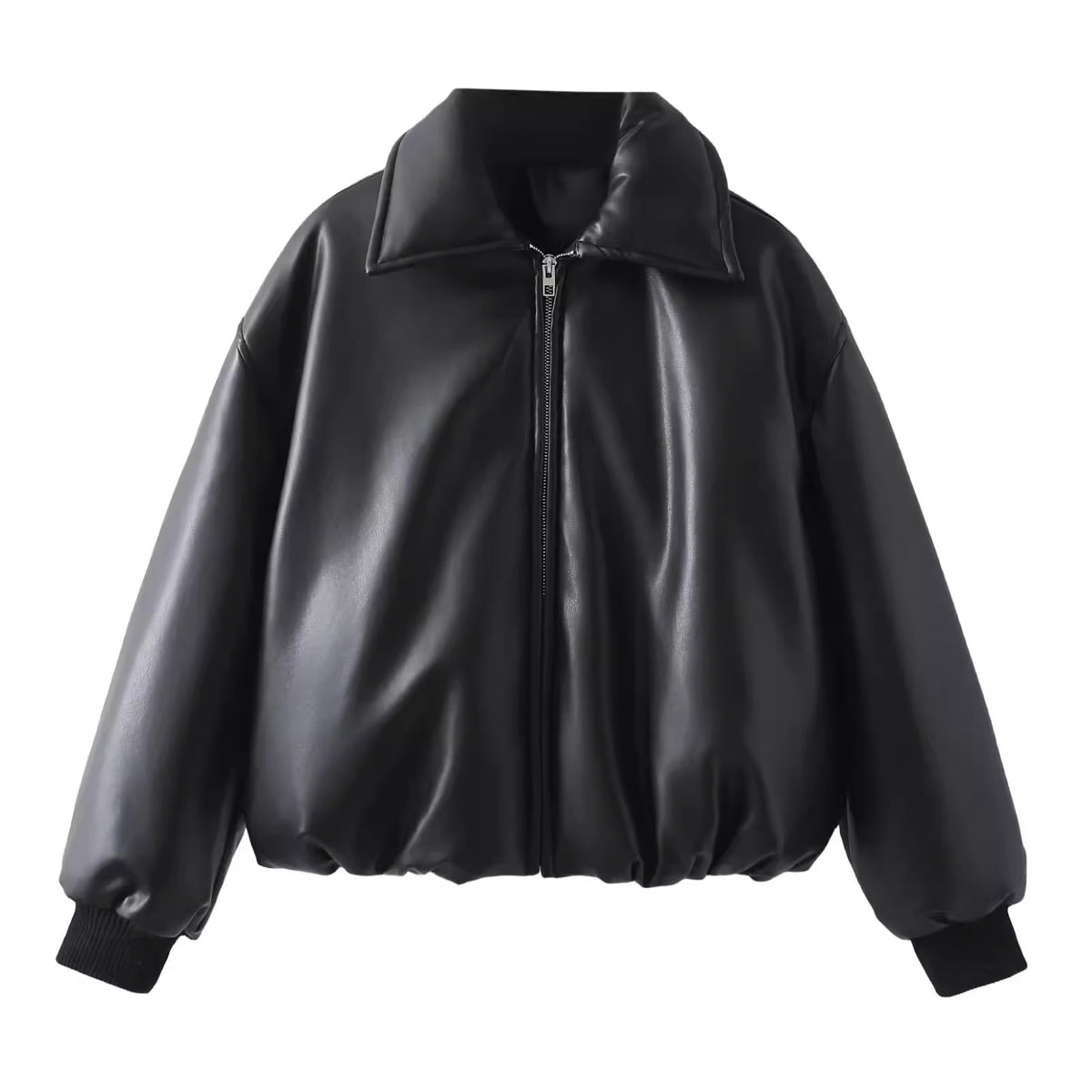 Women's Cropped Faux Leather Puffer Jacket Zip Up