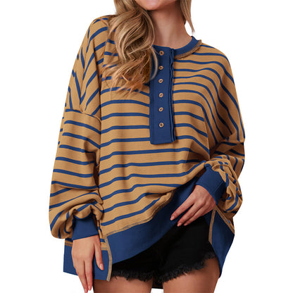 Women's Oversized Striped Waffle Knit Henley Tunic Top