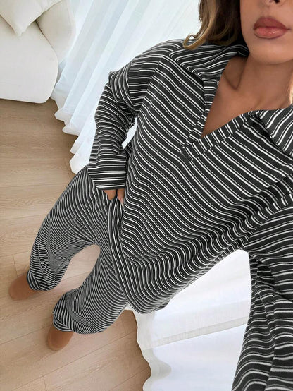 Striped Lounge Set Women Collared Pullover Wide Leg Pants