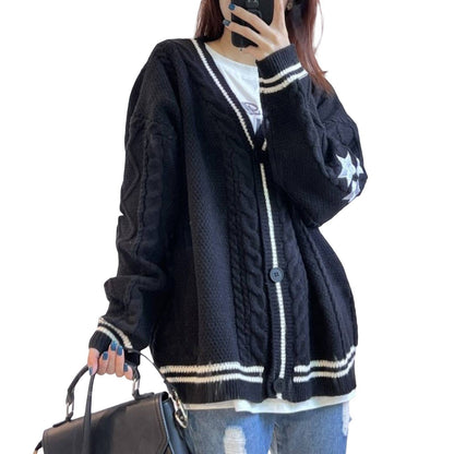 Women's Oversized Star Embroidered V-Neck Cardigan Sweater