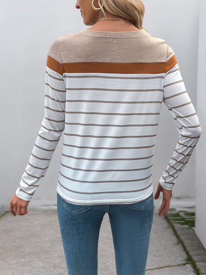 Retro Striped Long Sleeve T-Shirt for Women Casual Layering Top