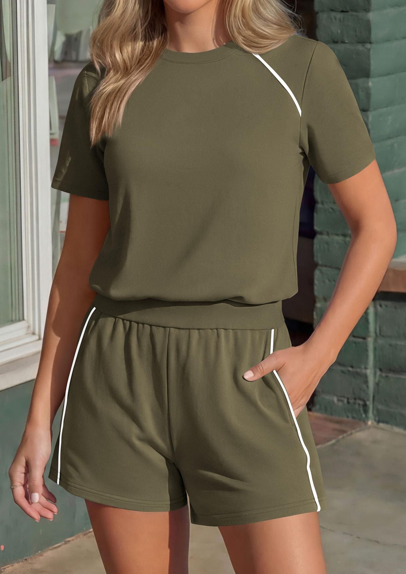 Athletic Lounge Set Contrast Trim Shorts 2 Piece Outfit