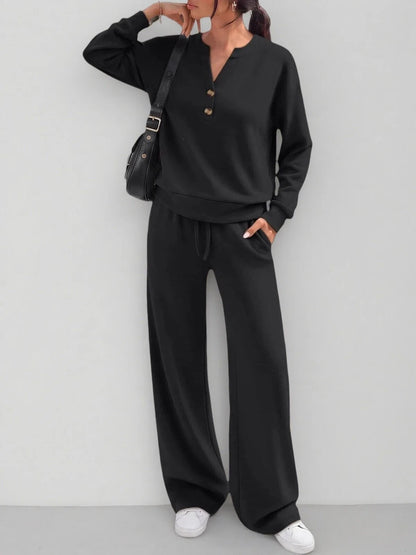 Women's Matching Lounge Set Henley Top Wide Leg Pants