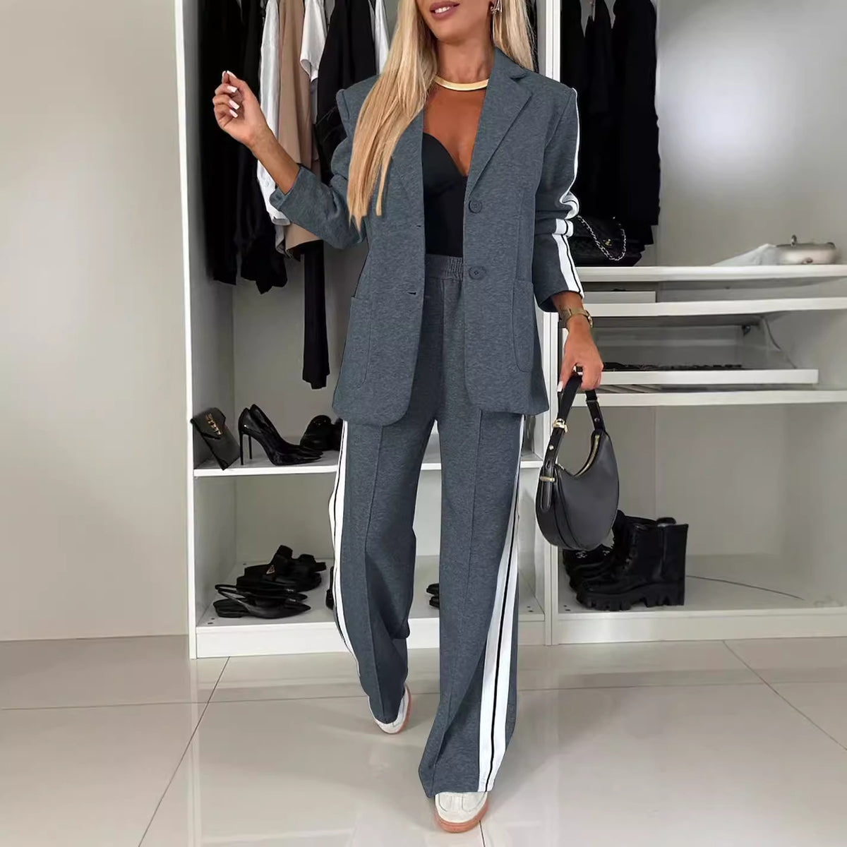 Womens Oversized Blazer Wide Leg Pants 2 Piece Set