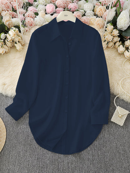 Women's Split Hem Long Sleeve Button Down Tunic Shirt