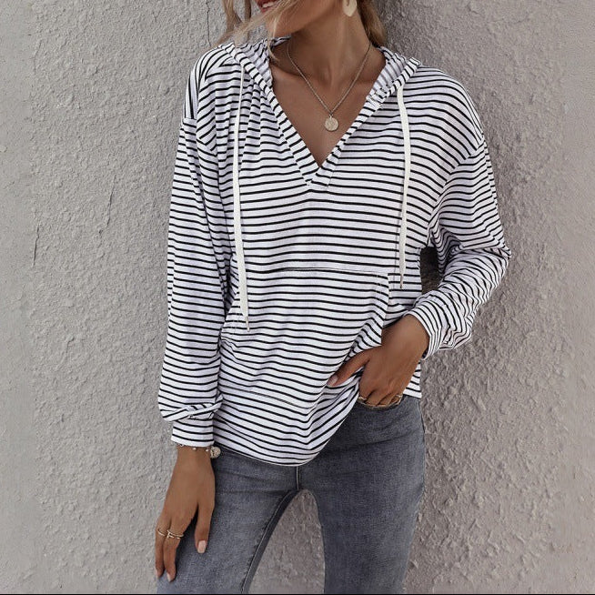 Women Striped Hoodie V-Neck Long Sleeve Oversized Pullover