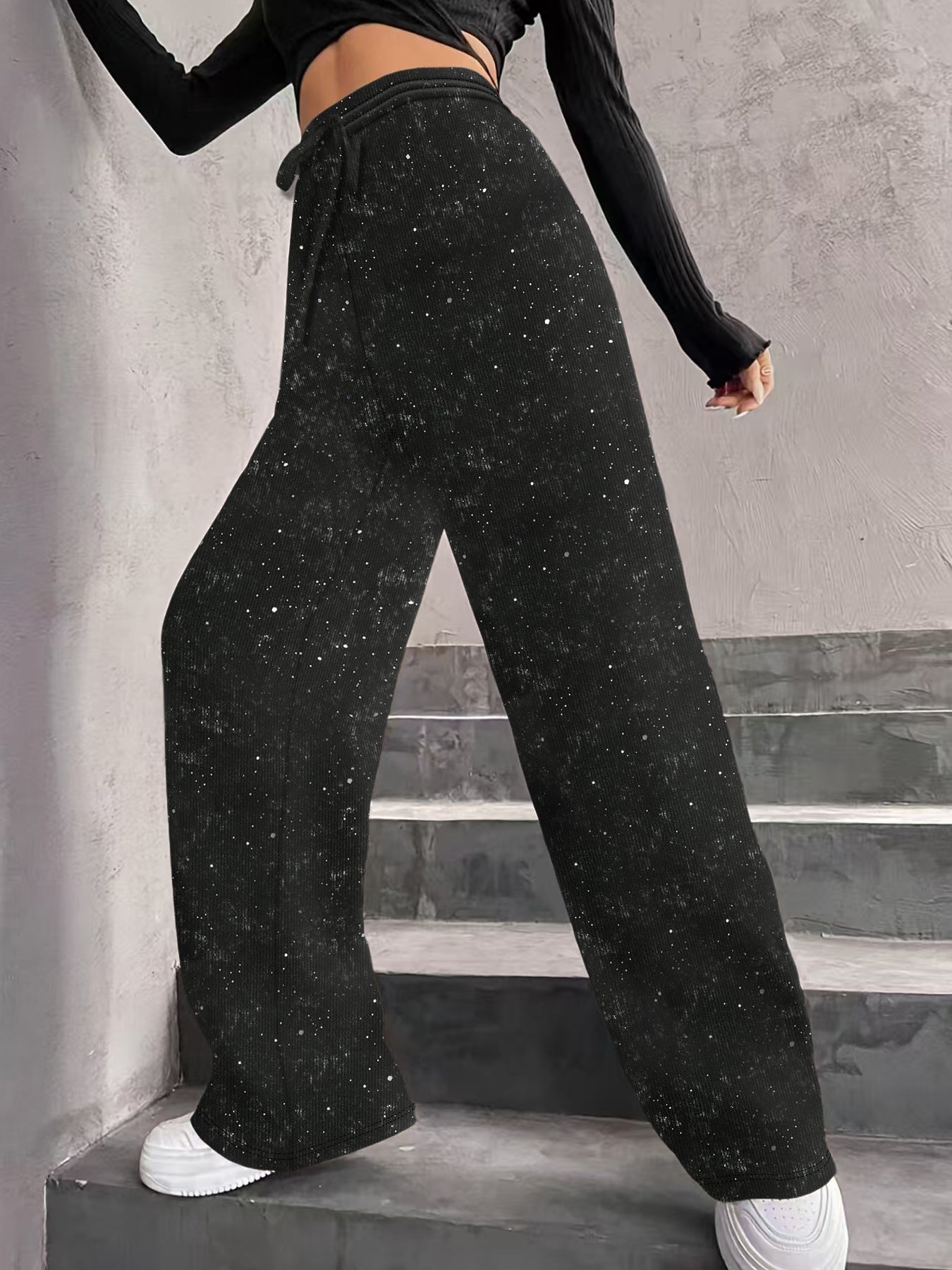 Sparkle Rhinestone Wide Leg Pants Drawstring Waist