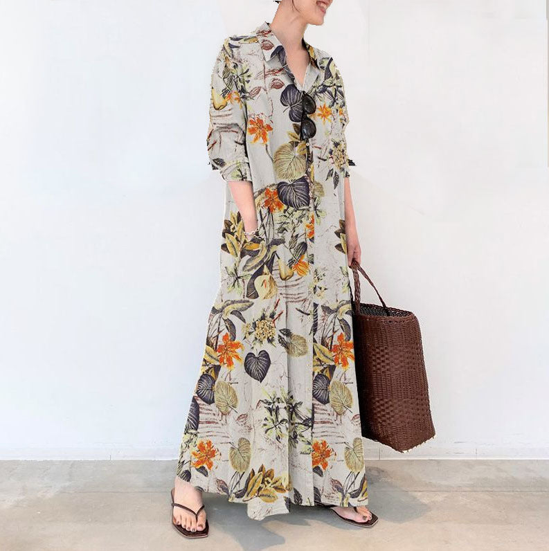 Floral Maxi Shirt Dress Long Sleeve Pockets