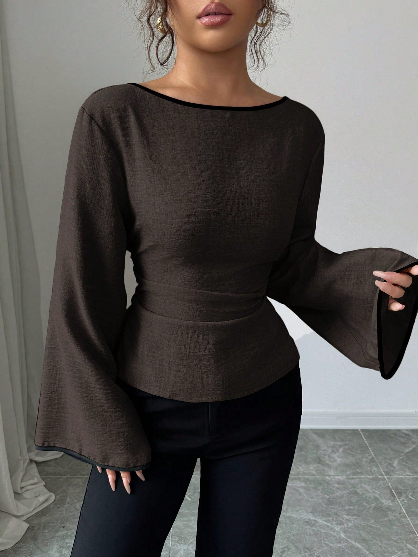 Women's Elegant Boat Neck Bell Sleeve Cinched Waist Blouse