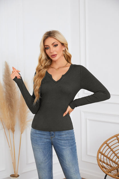 Ribbed Deep V Neck Slim Fit Long Sleeve Tee