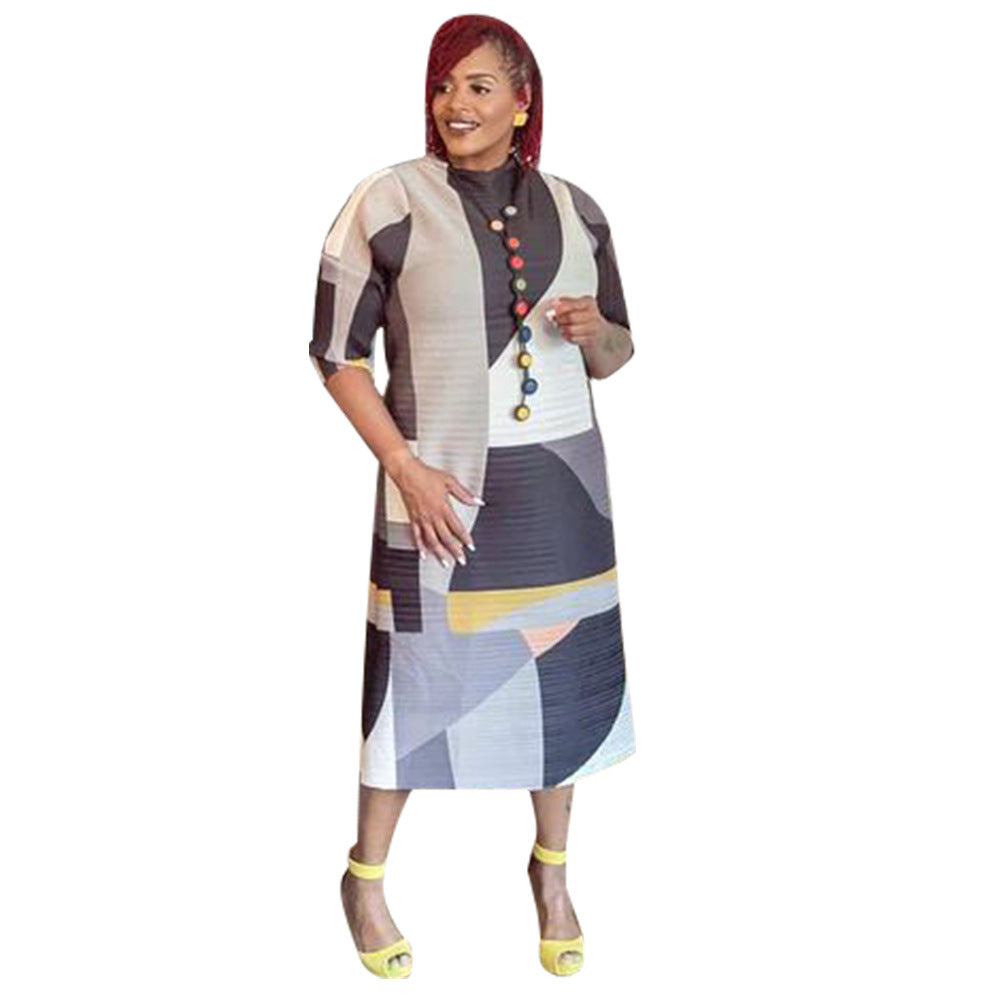 Women's Geometric Pleated Maxi Dress 3/4 Sleeve Colorful