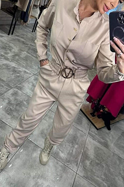 Women's Belted Shirt Jumpsuit Long Sleeve Tapered Pockets