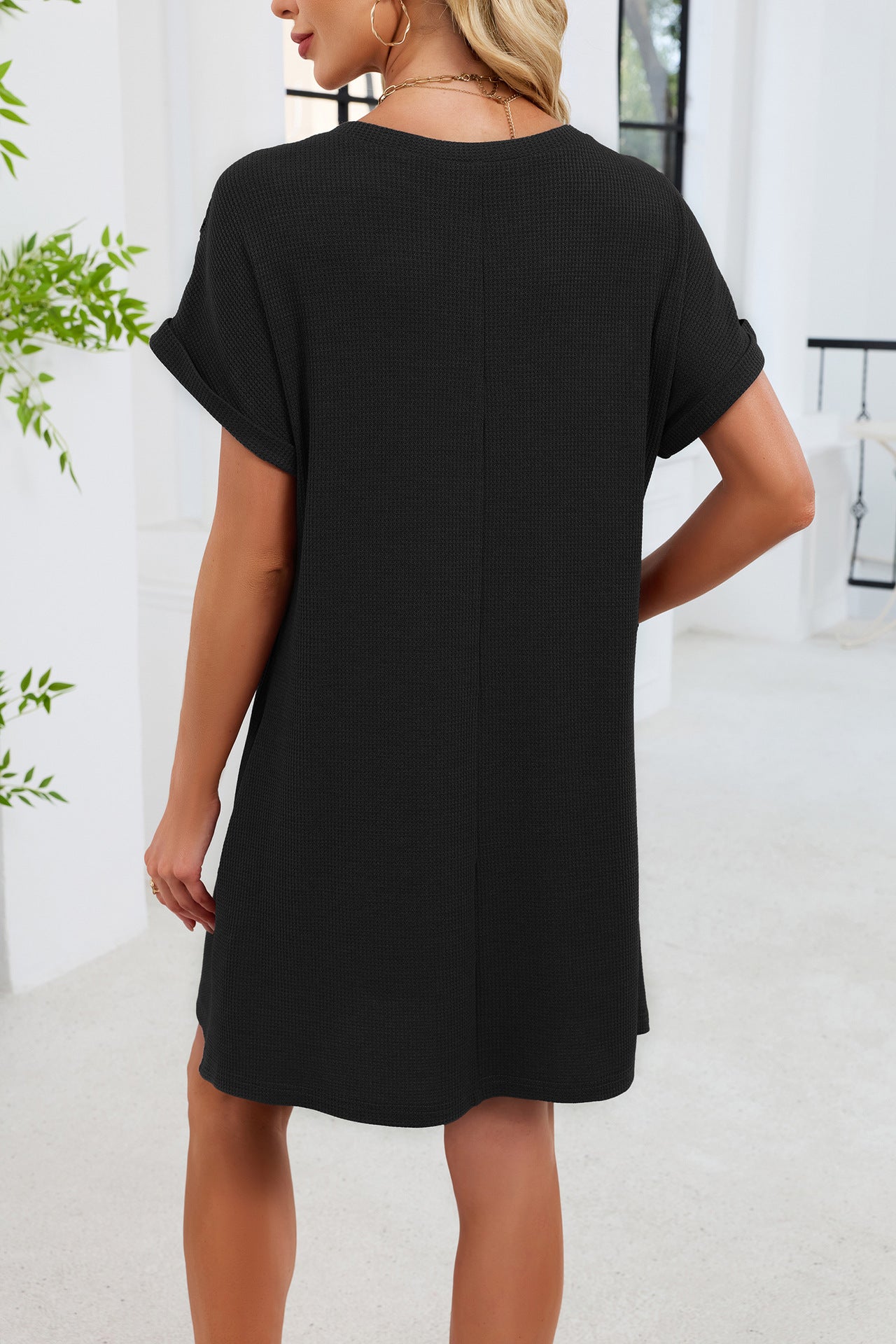 Blue Gray Yoke Loose T Shirt Dress Crew Neck