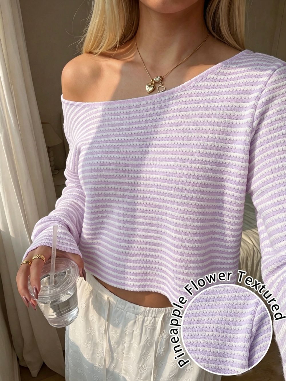 Striped Textured Knit Sweater Loose Fit Long Sleeve Top