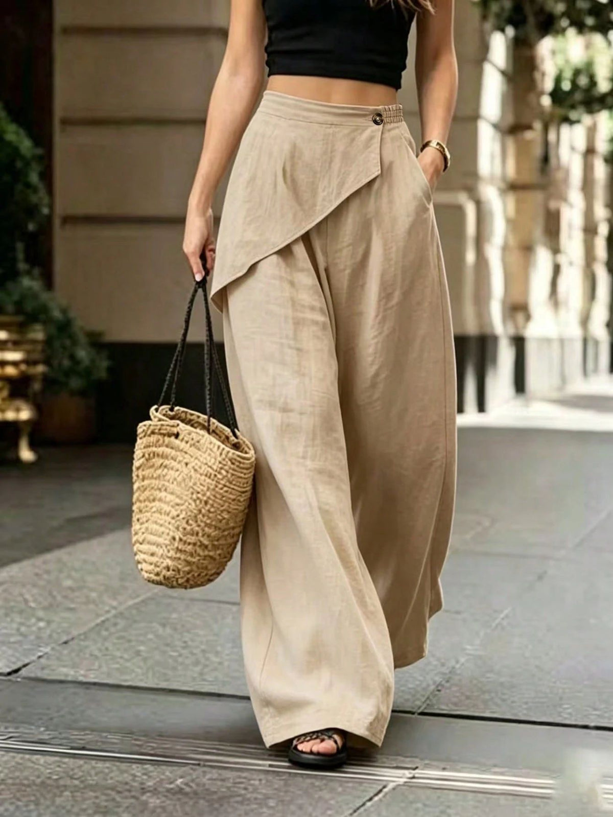 Faux Linen Wide Leg Pants Asymmetric Elastic Waist