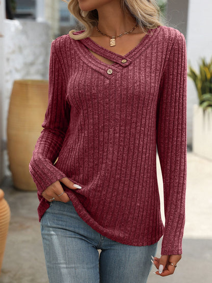 Ribbed V Neck Button Detail Long Sleeve Knit Top