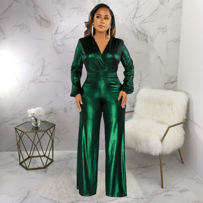 Sexy Metallic V-Neck Long Sleeve Flare Jumpsuit