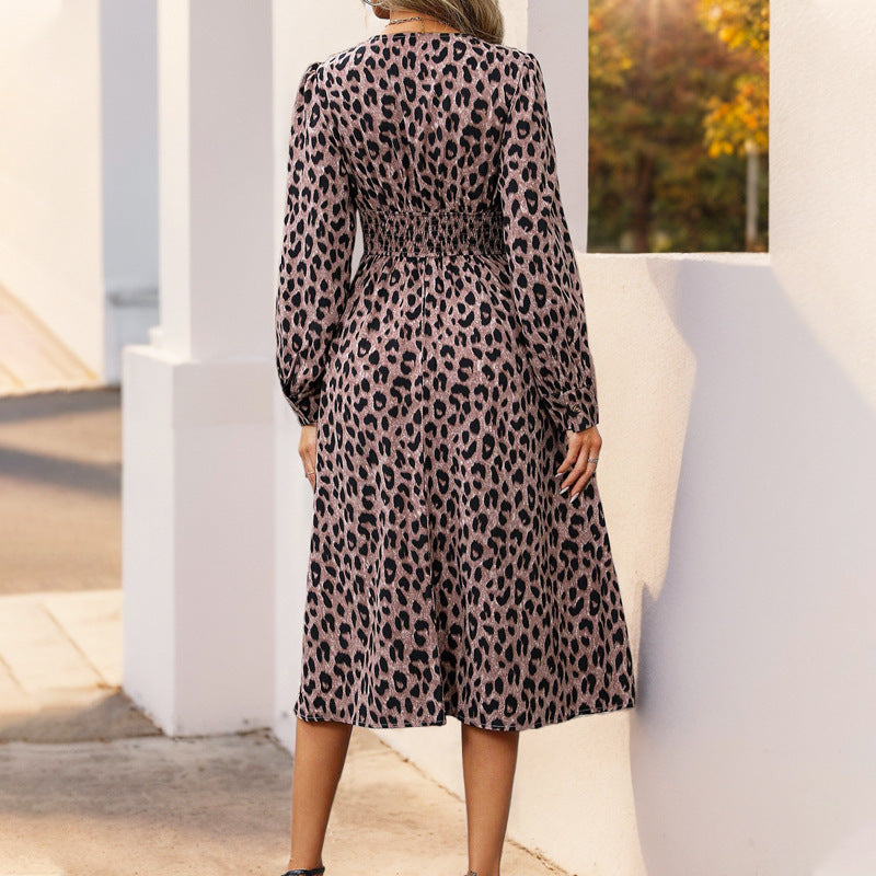 Leopard Print Long-sleeved Dress Temperament Commuter High-waisted V-neck Women's Long Dress