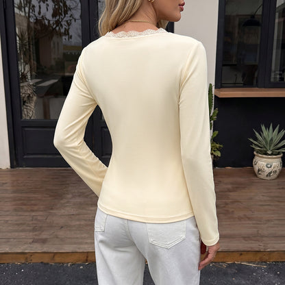 Wrap Lace Trim V Neck Long Sleeve Blouse Women Elegant Top