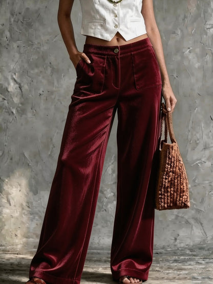 Women's Velvet High Waist Wide Leg Pants Pockets