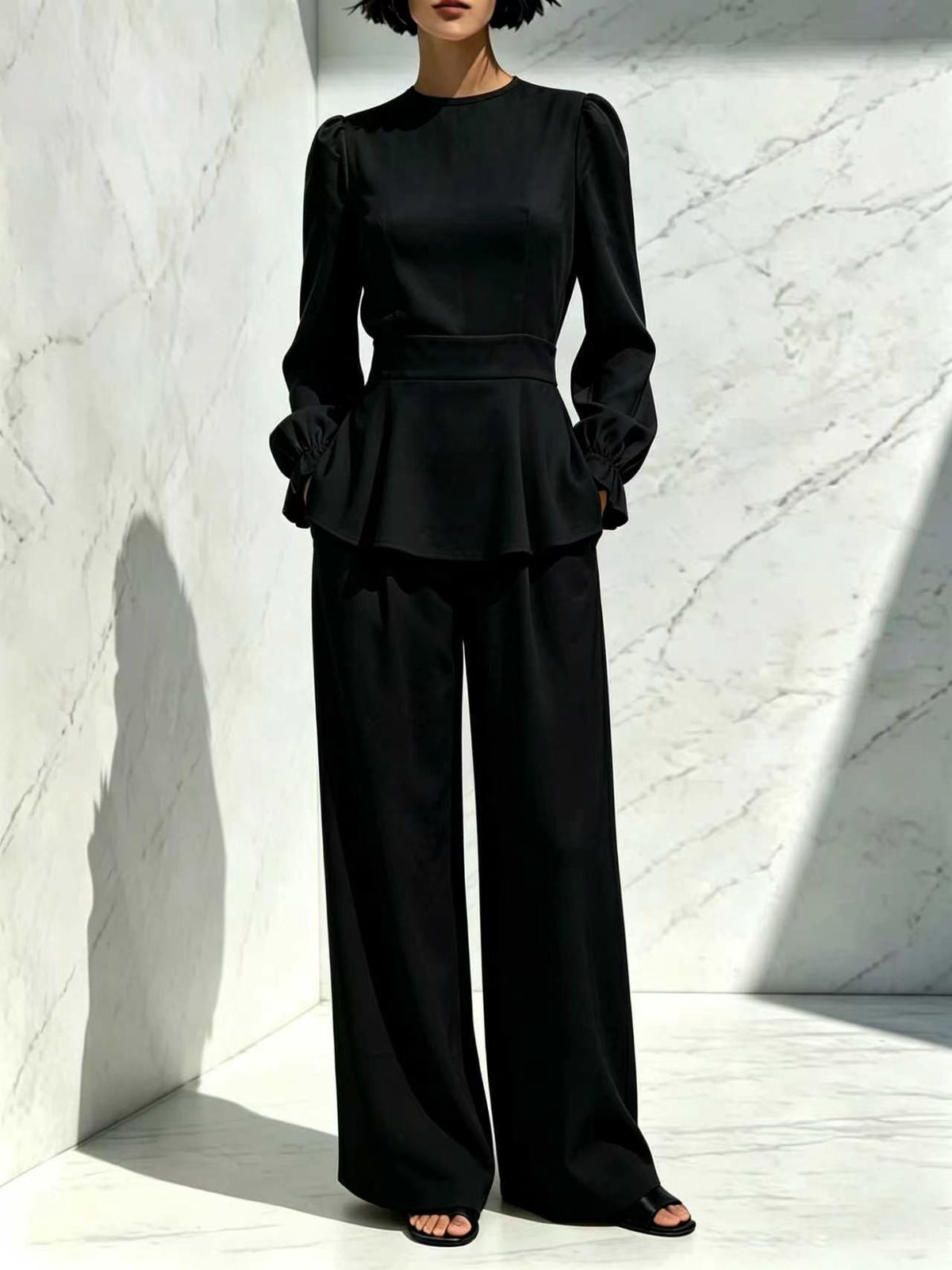Women's Puff Sleeve Peplum Top Wide Leg Pants Set