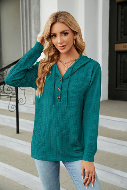 Women's Oversized V-Neck Button Hoodie Long Sleeve Top