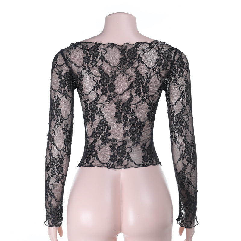 Sexy Sheer Lace Top Long Sleeve Off Shoulder Fitted
