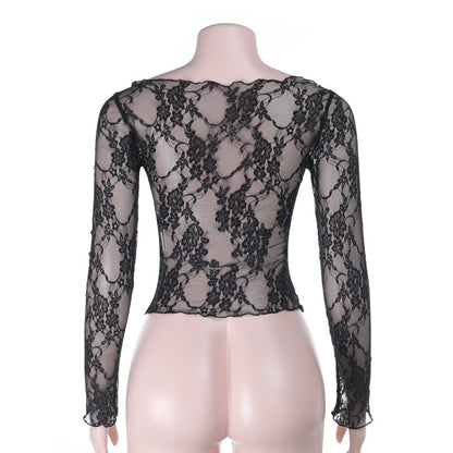 Sexy Sheer Lace Top Long Sleeve Off Shoulder Fitted