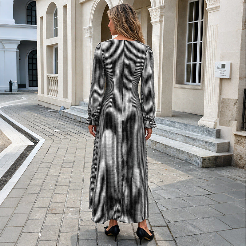 Women's Plaid V-Neck Ruffle Long Sleeve Maxi Dress