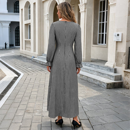 Women's Plaid V-Neck Ruffle Long Sleeve Maxi Dress