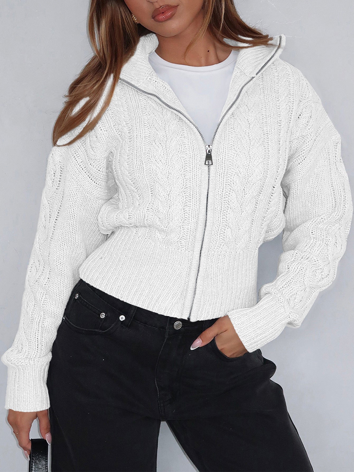 Women’s Solid Knit Zipper Hoodie Long Sleeve Cropped Sweater