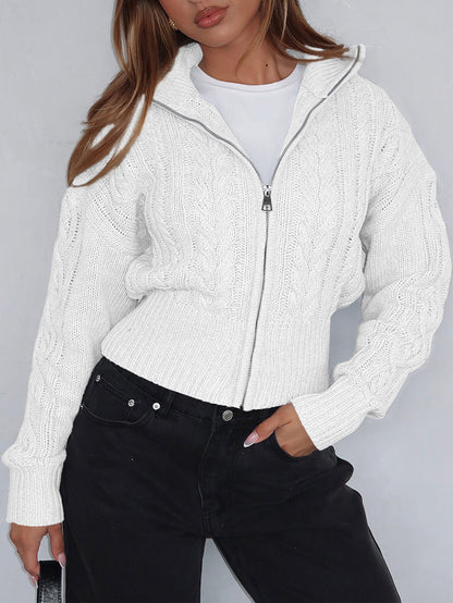 Women’s Solid Knit Zipper Hoodie Long Sleeve Cropped Sweater